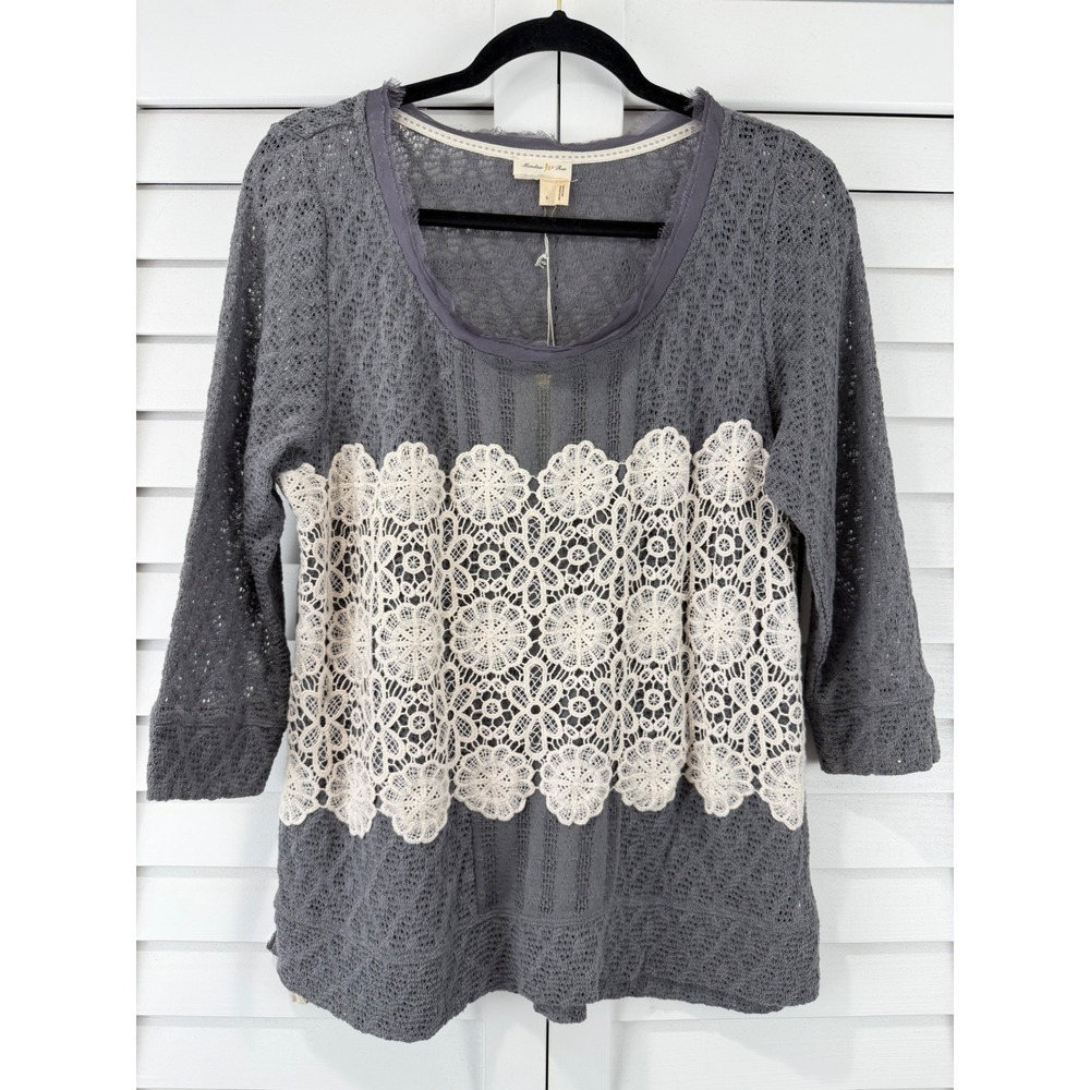 Meadow Rue Anthropologie Gray Lace Knit Top 3/4 Sleeve Floral Boho Large NEW